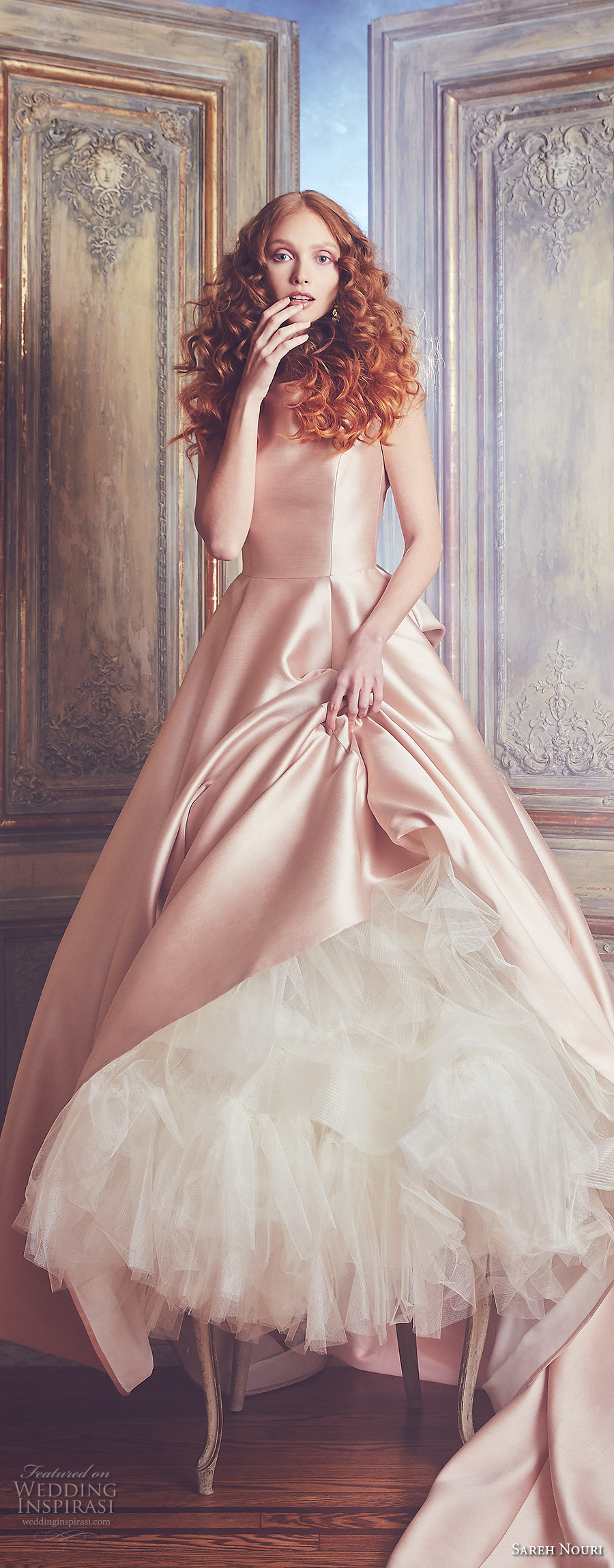 sareh nouri spring 2018 bridal sleeveless bateau neckline simple clean pink color elegant ball gown a  line wedding dress open square back royal train (brooklyn) zv