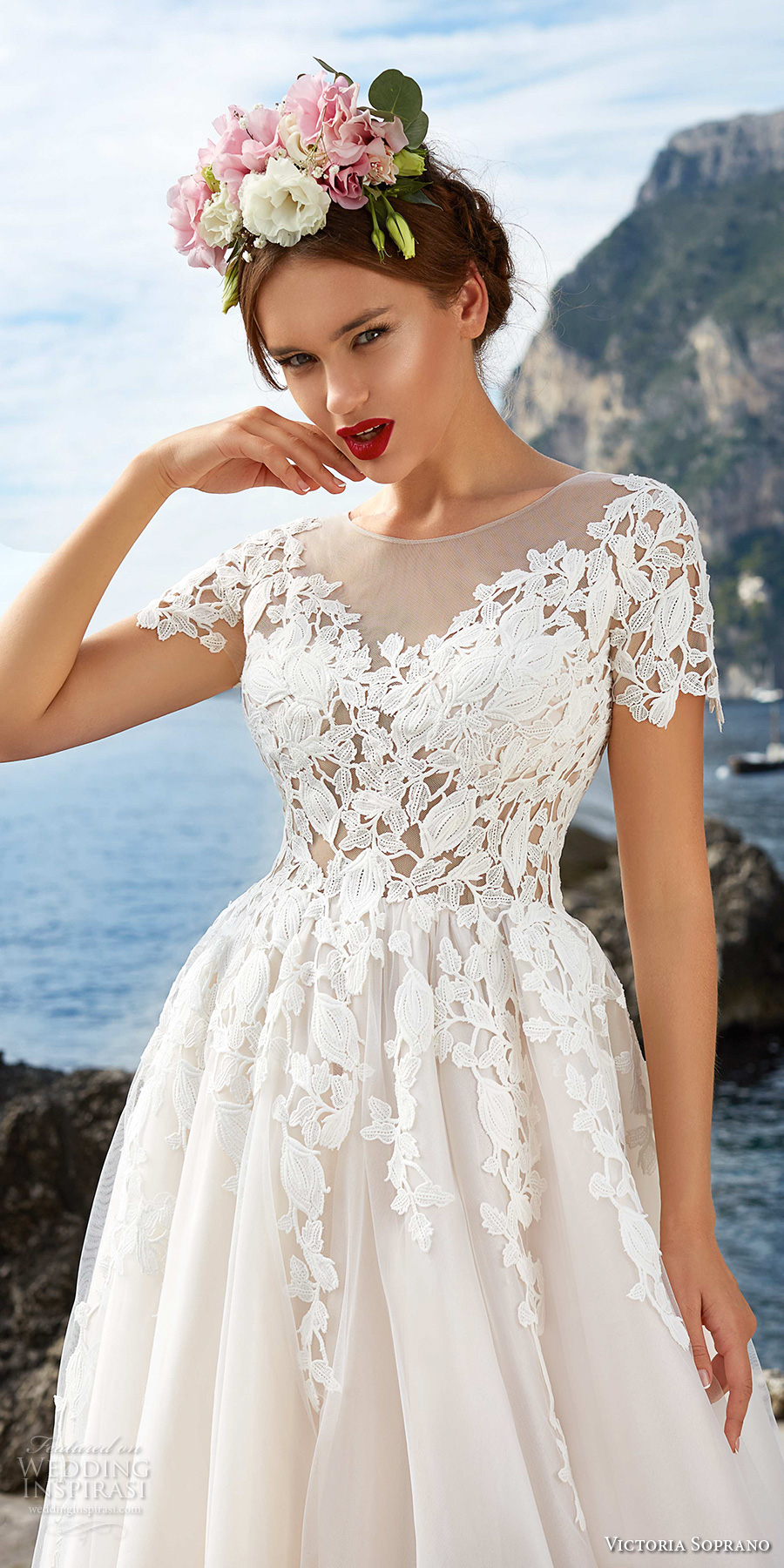 victoria soprano 2017 bridal short sleeves sheer bateau sweetheart neckline heavily embellished bodice beautiful romantic a  line wedding dress sheer button back chapel train (5) zv