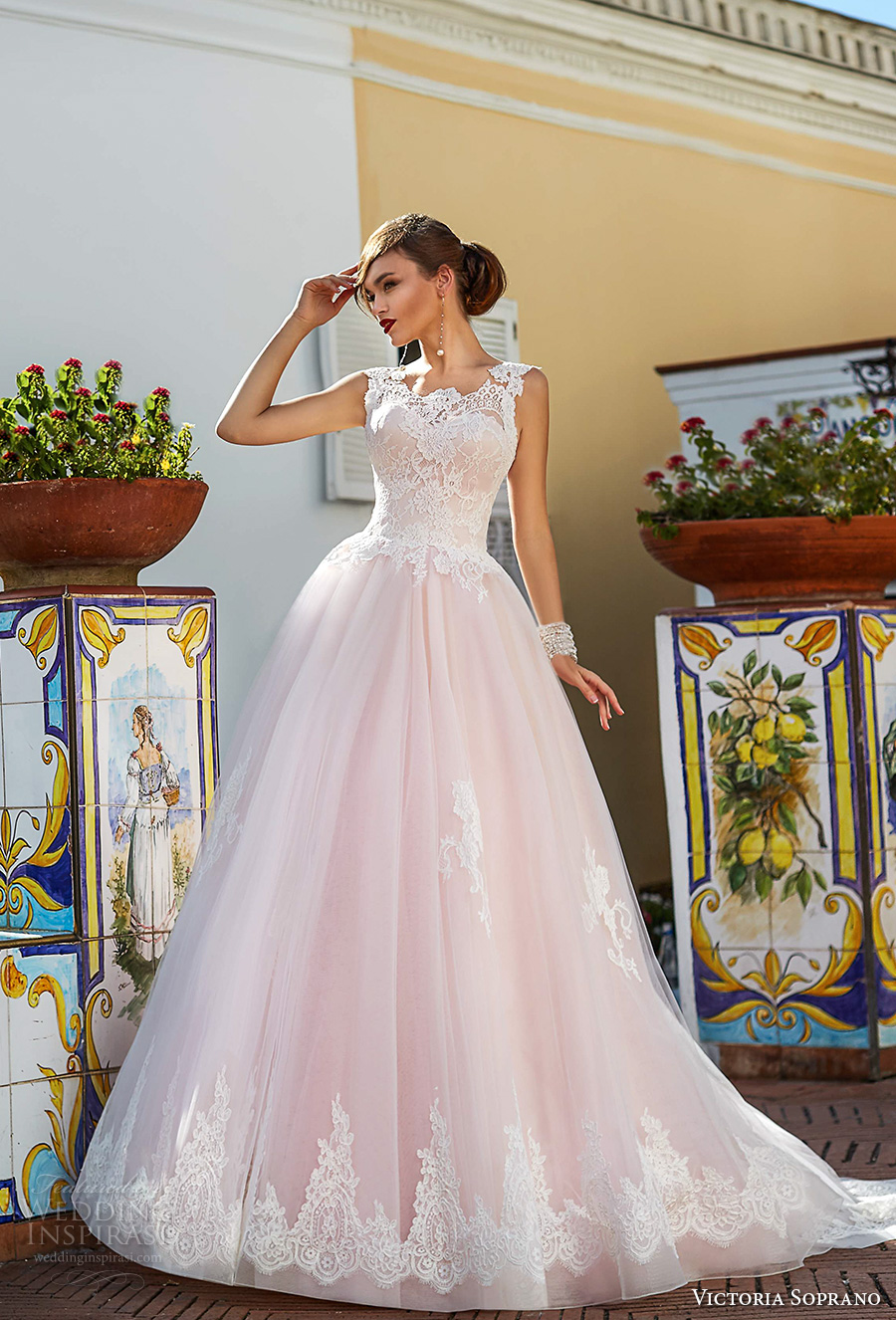 victoria soprano 2017 bridal sleeveless thick strap round neck heavily embellished bodice romantic princess pink ball gown a  line wedding dress corset back chapel train (4) mv