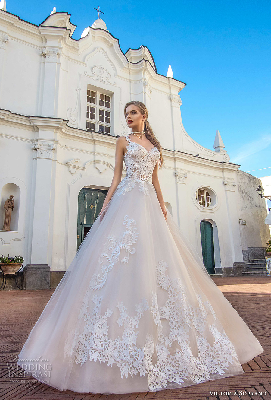 victoria soprano 2017 bridal thin strap sweetheart neckline heavily embellished bodice bustier romantic princess blush color a  line wedding dress chapel train (12a) mv