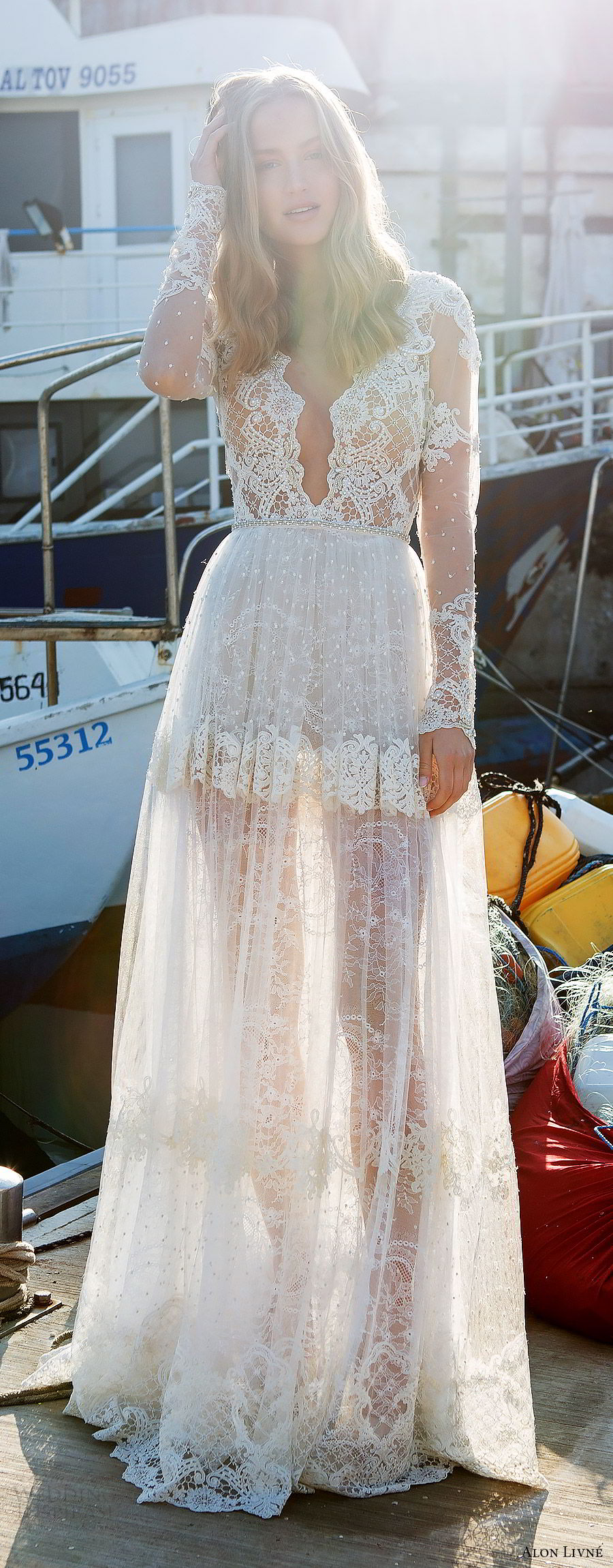 alon livne white pre 2018 bridal illusion long sleeves deep v neck sheer bodice lace a line wedding dress (kelly) mv boho romantic