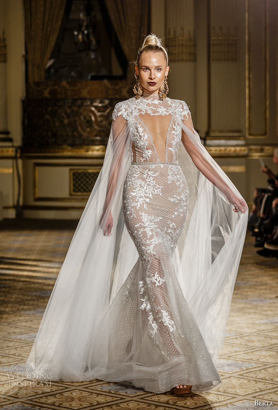 berta spring 2018 bridal cap sleeves high neck deep plunging v neck full embellishment sexy glamorous fit and flare wedding dress with cape open v back long train (14a) mv berta spring 2018 bridal cap sleeves high neck deep plunging v neck full embellishment sexy glamorous fit and flare wedding dress with cape open v back long train (14a) mv