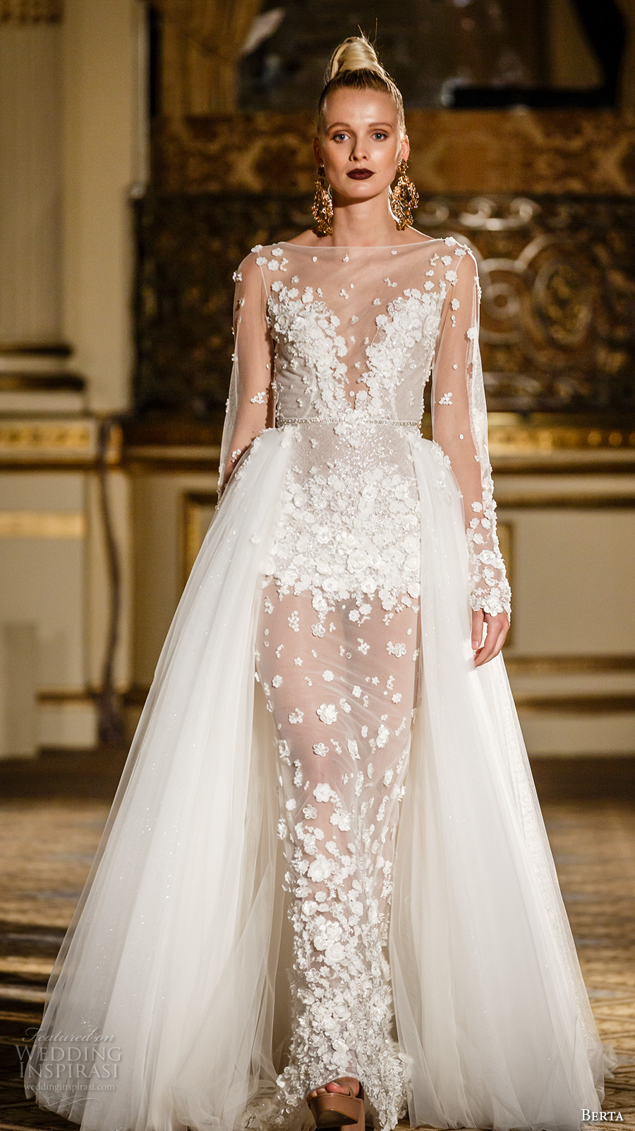 berta spring 2018 bridal long sleeves illusion bateau deep sweetheart neckline full embellishment princess romantic sheath wedding dress a line overskirt chapel train (11) mv berta spring 2018 bridal long sleeves illusion bateau deep sweetheart neckline full embellishment princess romantic sheath wedding dress a line overskirt chapel train (11) mv