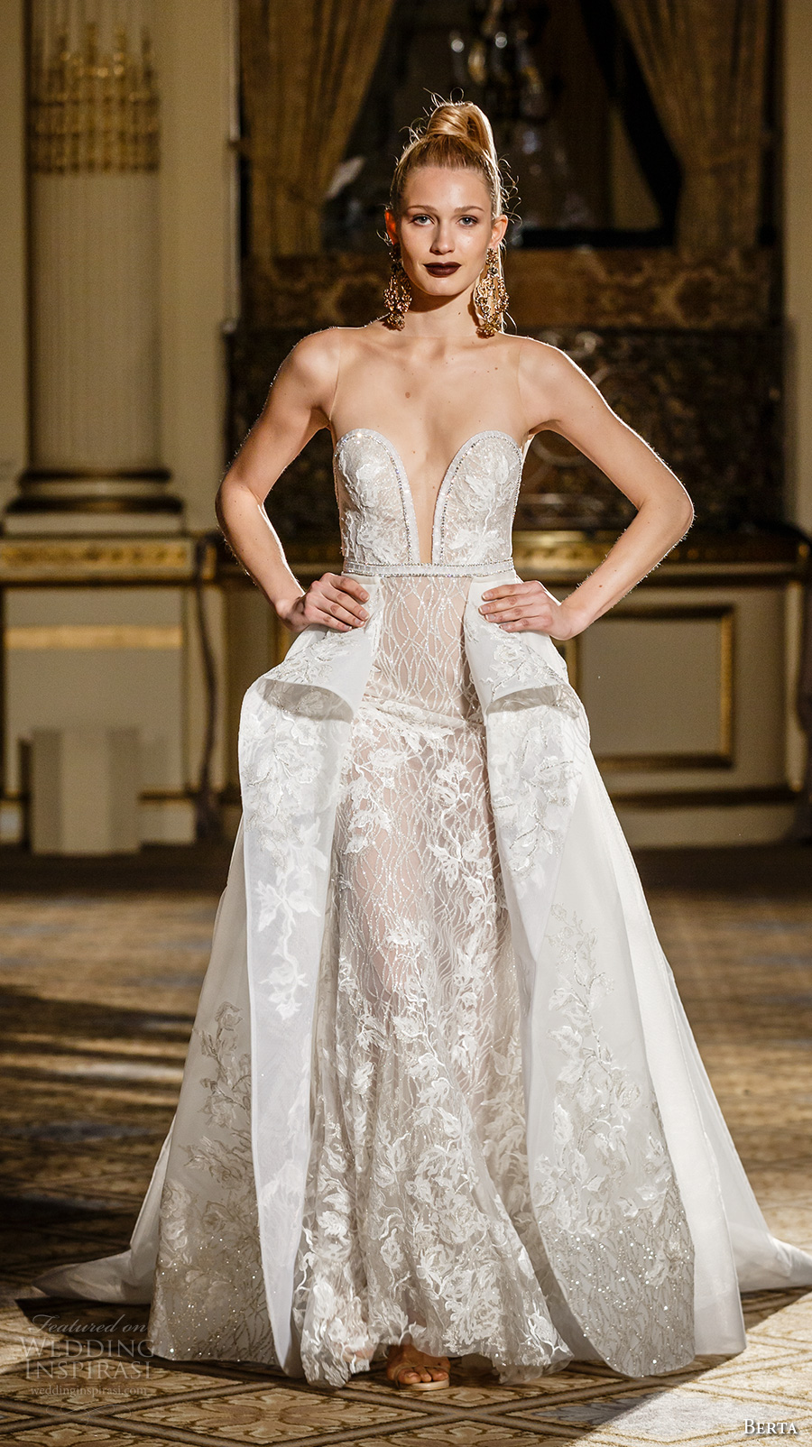 berta spring 2018 bridal sleeveless deep plunging sweetheart neckline full embellishment sexy glamorous sheath wedding dress ball gown overskirt long train (15) mv berta spring 2018 bridal sleeveless deep plunging sweetheart neckline full embellishment sexy glamorous sheath wedding dress ball gown overskirt long train (15) mv