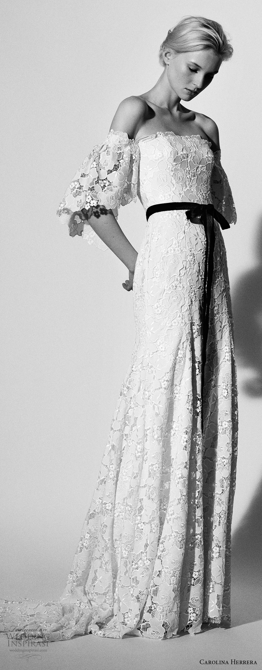 carolina herrera spring 2018 bridal off the shoulder half flounce sleeves straight across neckline full embellishment elegant sheath wedding dress sweep train (13) mv