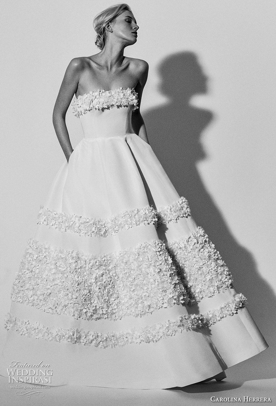 carolina herrera spring 2018 bridal strapless straight across neckling simple romantic ball gown a  line wedding dress with pockets (03) mv