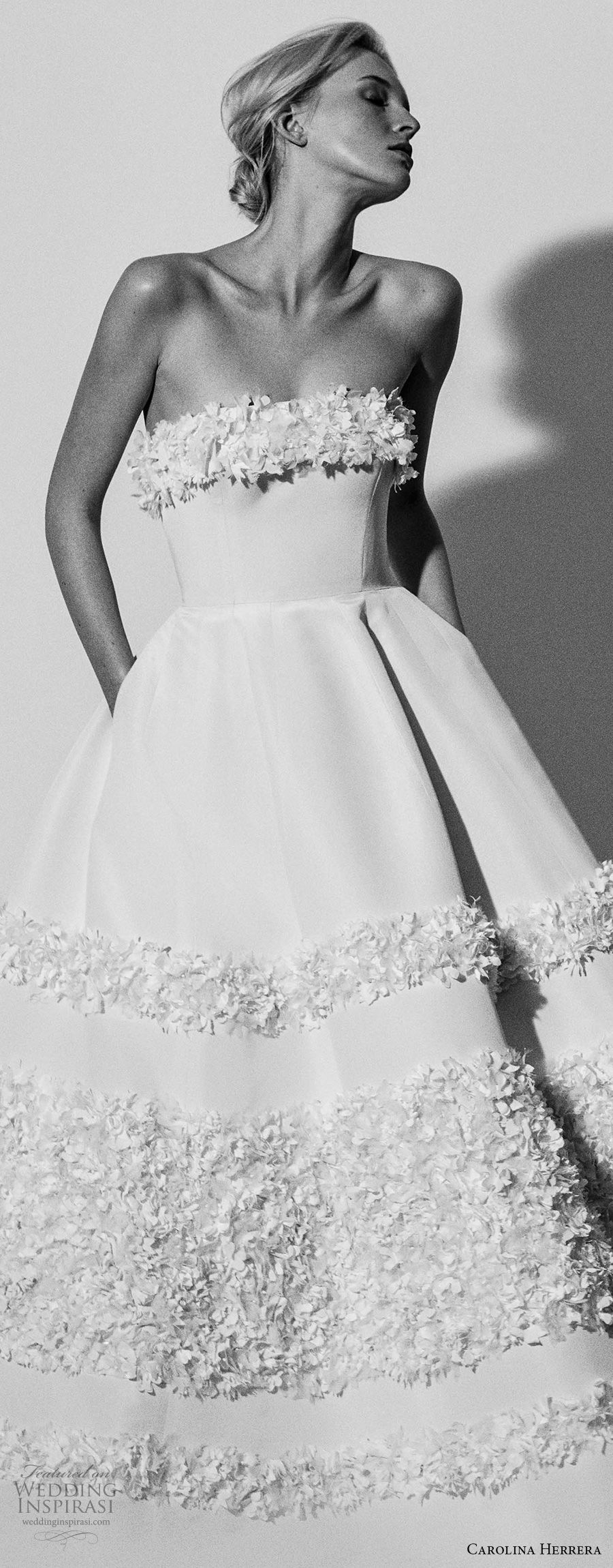 carolina herrera spring 2018 bridal strapless straight across neckling simple romantic ball gown a  line wedding dress with pockets (03) zv