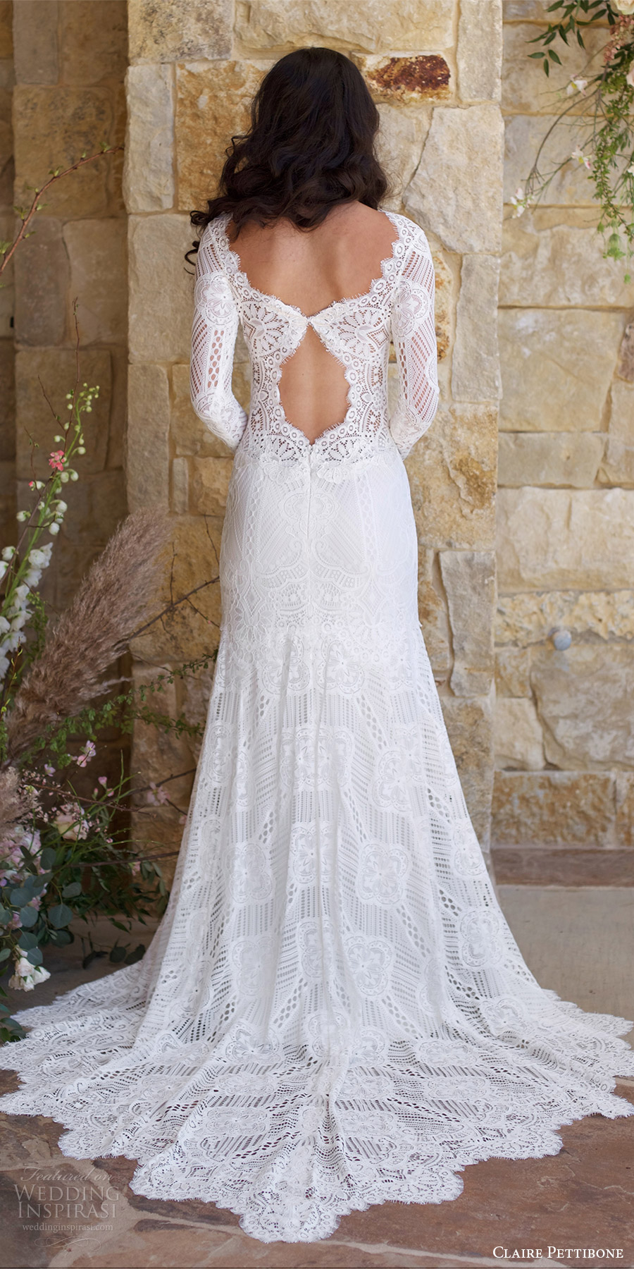 claire pettibone spring 2018 bridal long bell bateau neck lace trumpet wedding dress (shenandoah) bv keyhole back long train boho romantic