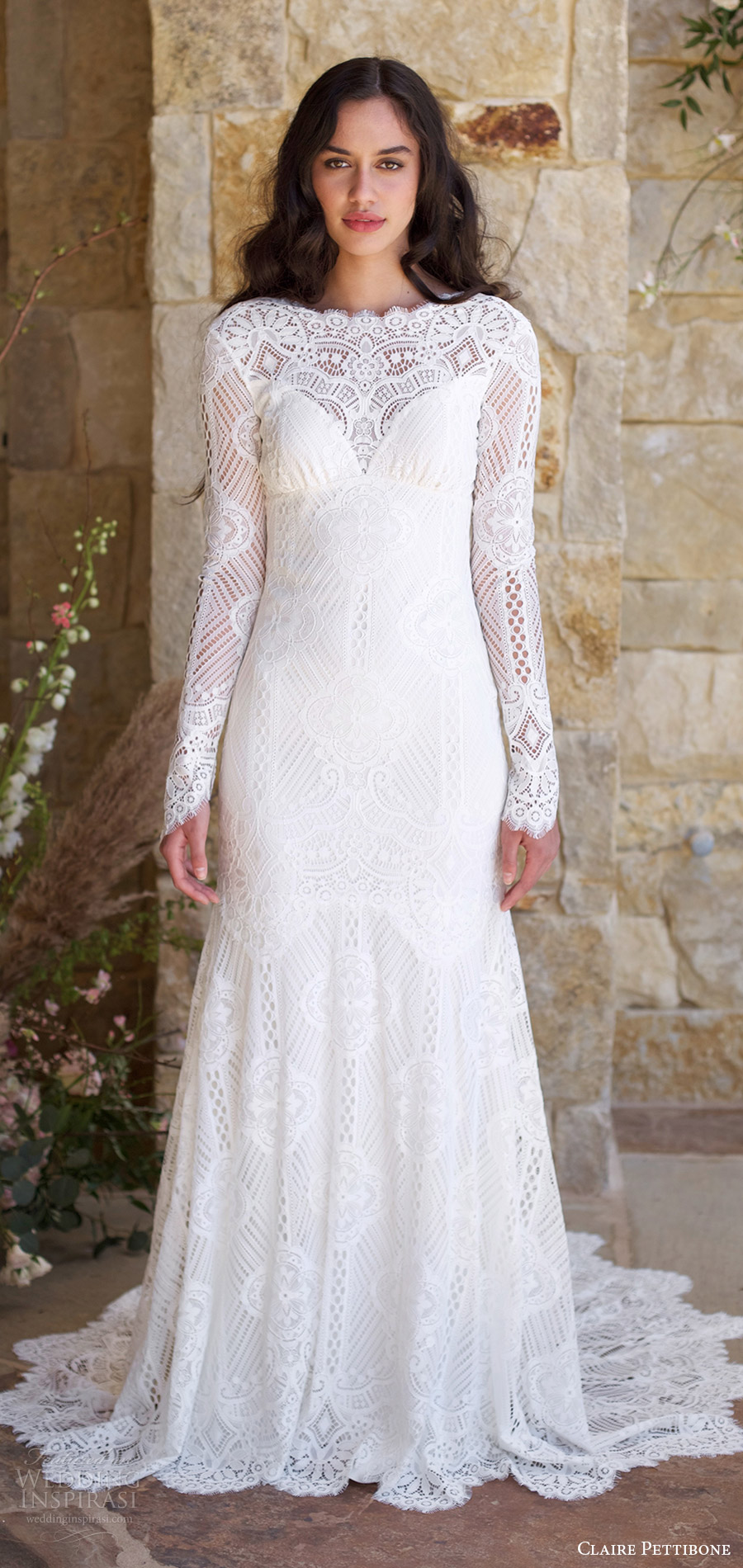 claire pettibone spring 2018 bridal long bell bateau neck lace trumpet wedding dress (shenandoah) mv keyhole back long train boho romantic