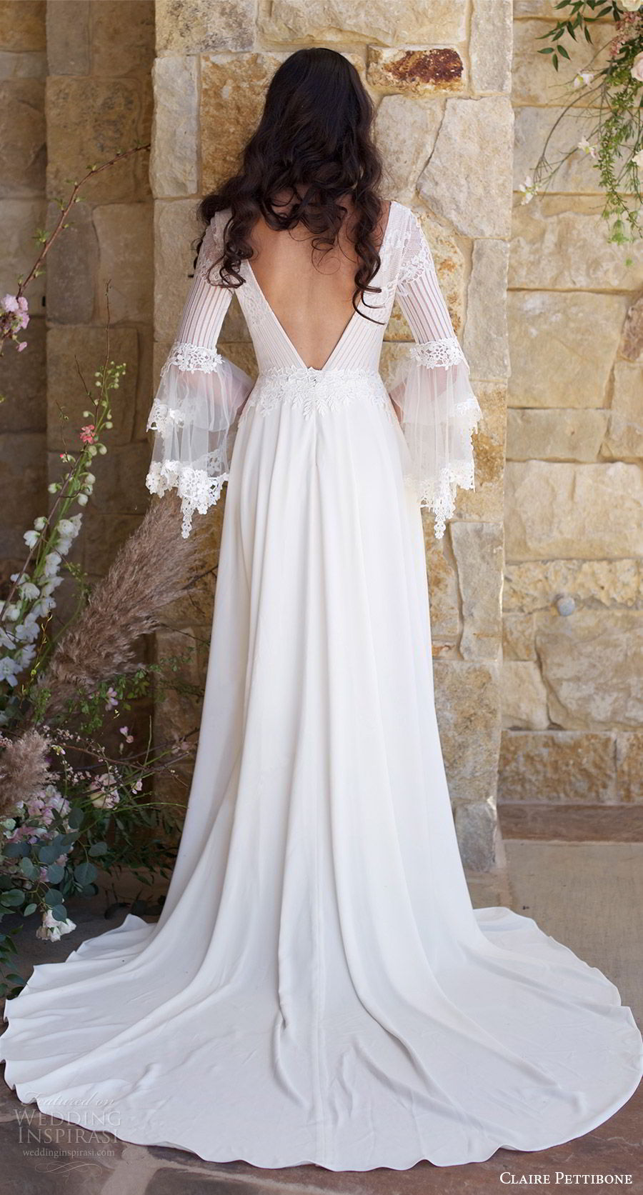 claire pettibone spring 2018 bridal long bell sleeves deep v neck lace bodice a line wedding dress (sauvignon) bv boho romantic long train