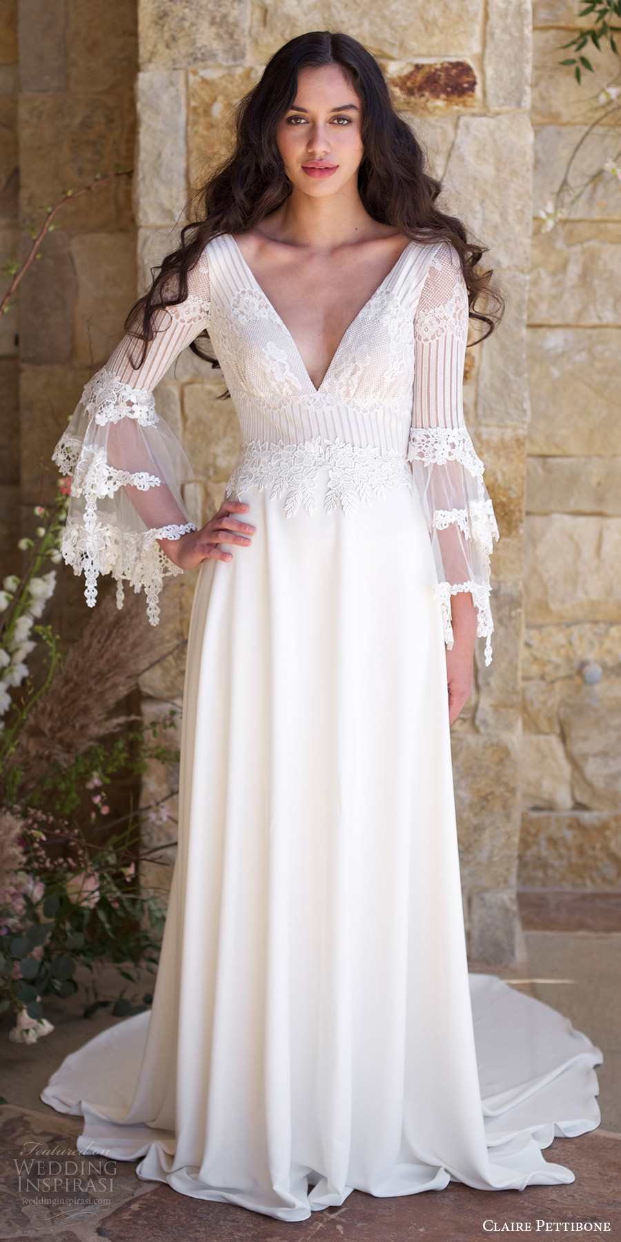 claire pettibone spring 2018 bridal long bell sleeves deep v neck lace bodice a line wedding dress (sauvignon) mv boho romantic long train claire pettibone spring 2018 bridal long bell sleeves deep v neck lace bodice a line wedding dress (sauvignon) mv boho romantic long train