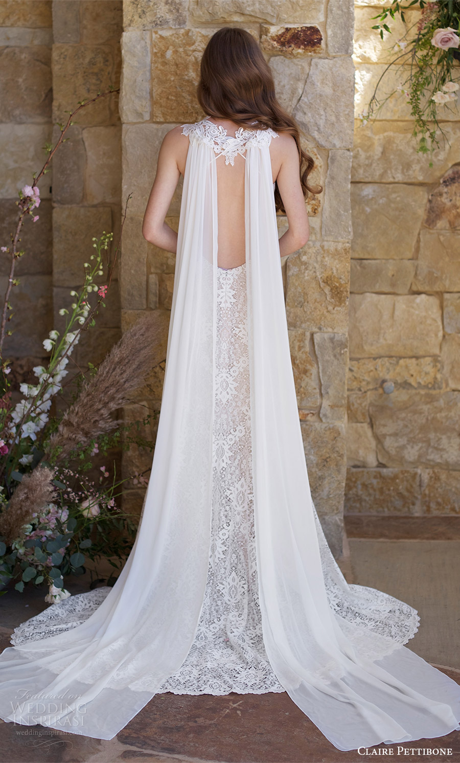 claire pettibone spring 2018 bridal sleeveless lace straps sweetheart lace mermaid wedding dress ( saratoga) bv open back train cape boho romantic