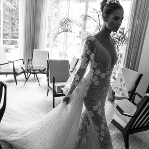 elihav sasson spring 2018 bridal deep v neck illusion bouffant long sleeves ruched bodice sheath wedding dress (vj 017) sv long train princess romantic