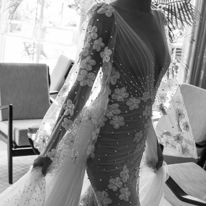 elihav sasson spring 2018 bridal deep v neck illusion bouffant long sleeves ruched bodice sheath wedding dress (vj 017) zv long train princess romantic