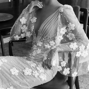 elihav sasson spring 2018 bridal deep v neck illusion bouffant long sleeves ruched bodice sheath wedding dress (vj 017) zv princess romantic