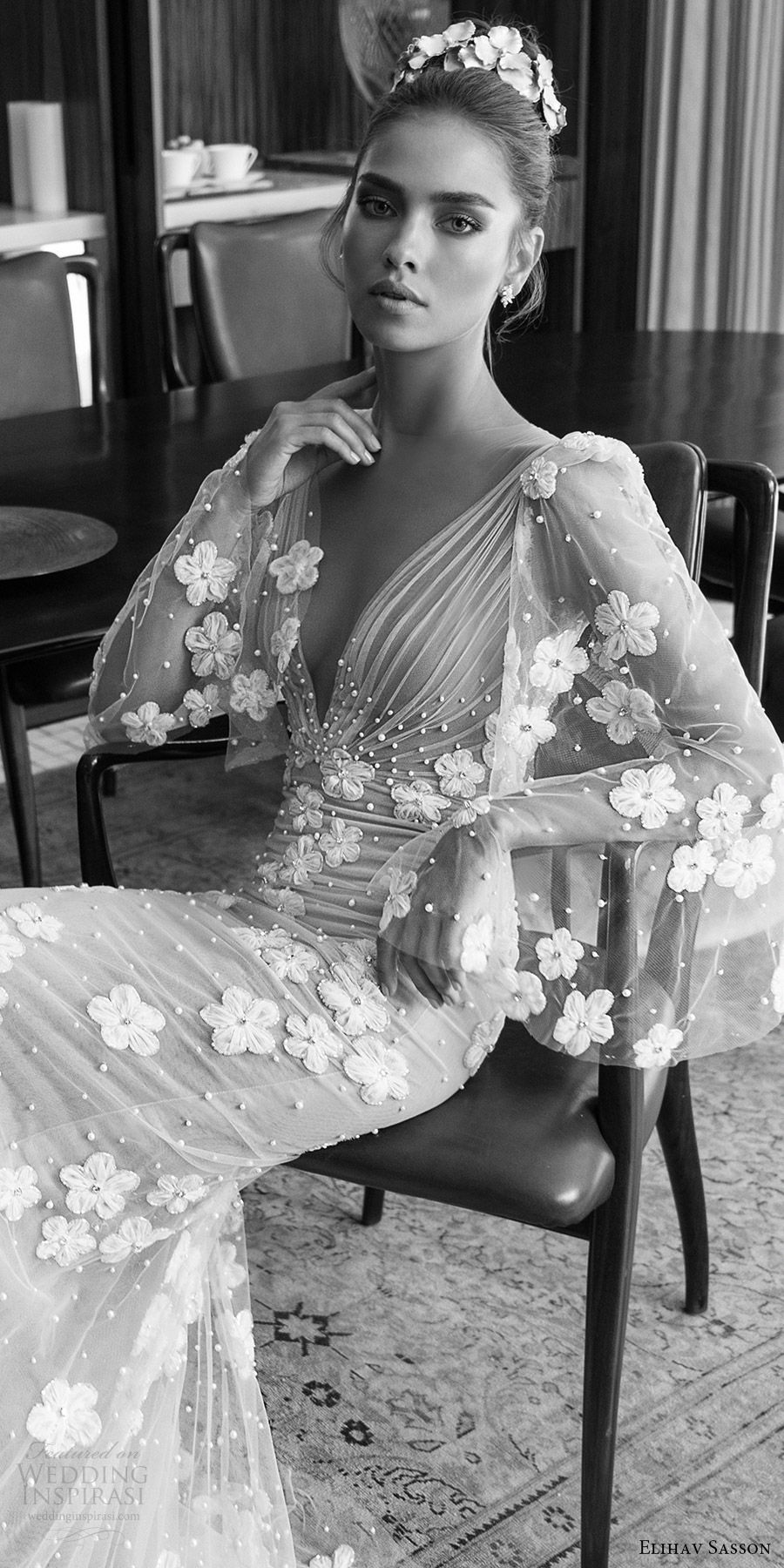 elihav sasson spring 2018 bridal deep v neck illusion bouffant long sleeves ruched bodice sheath wedding dress (vj 017) zv princess romantic