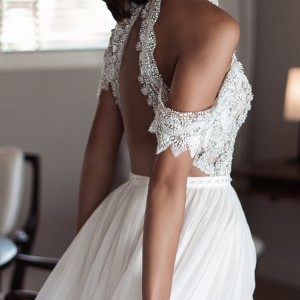 elihav sasson spring 2018 bridal high neck cold shoulder drape sleeves beaded bodice slit skirt a line wedding dress (vj 005) bv open back modern