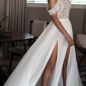 elihav sasson spring 2018 bridal high neck cold shoulder drape sleeves beaded bodice slit skirt a line wedding dress (vj 005) mv modern