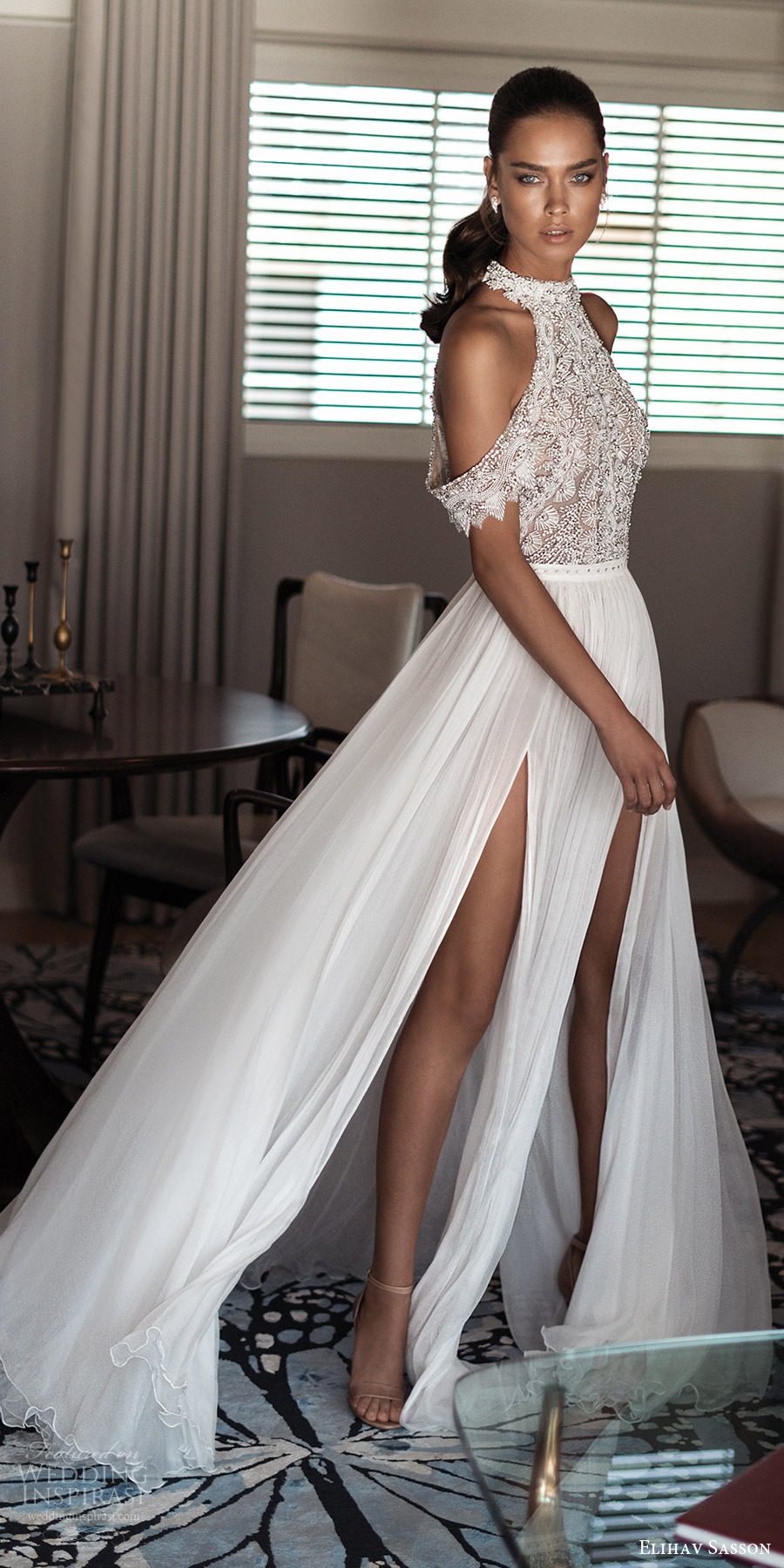 elihav sasson spring 2018 bridal high neck cold shoulder drape sleeves beaded bodice slit skirt a line wedding dress (vj 005) mv modern