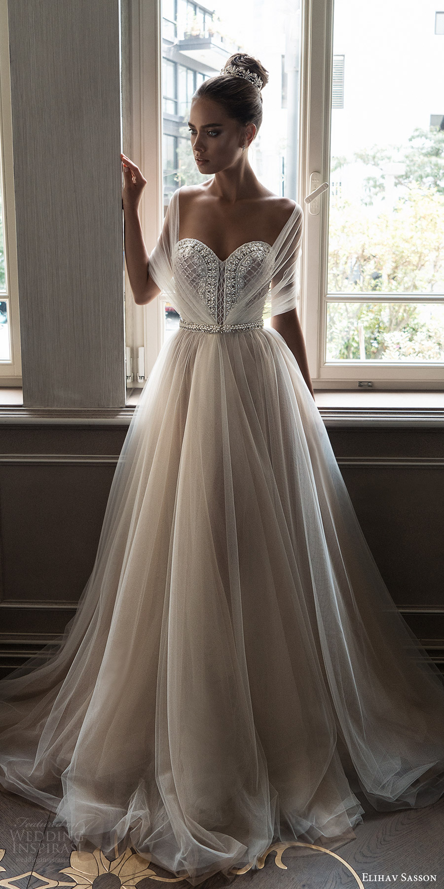 elihav sasson spring 2018 bridal illusion half sleeves sweetheart beaded bodice ball gown wedding dress (vj 006) mv train princess romantic