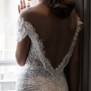 elihav sasson spring 2018 bridal illusion jewel neck off shoulder cap sleeeves fully beaded sheath wedding dress (vj 013) bv low back glam elegant