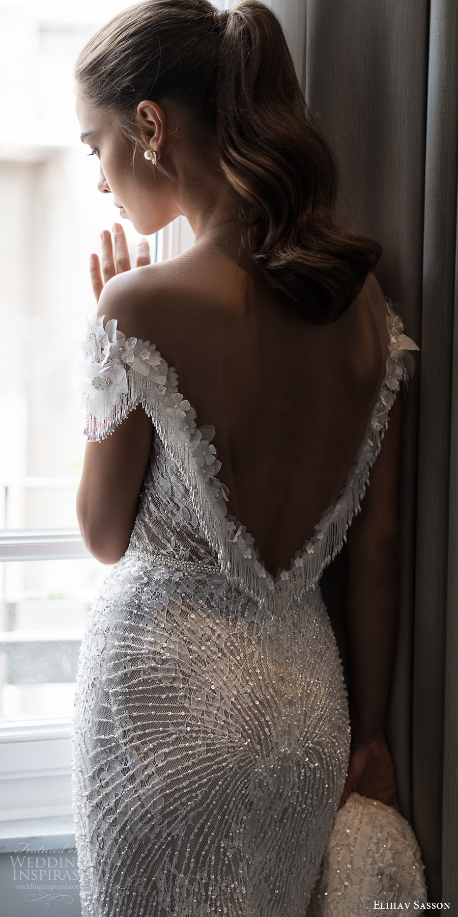 elihav sasson spring 2018 bridal illusion jewel neck off shoulder cap sleeeves fully beaded sheath wedding dress (vj 013) bv low back glam elegant