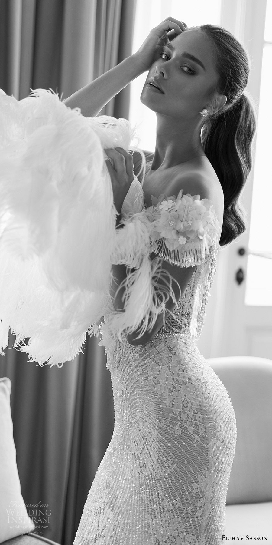 elihav sasson spring 2018 bridal illusion jewel neck off shoulder cap sleeeves fully beaded sheath wedding dress (vj 013) sv glam elegant