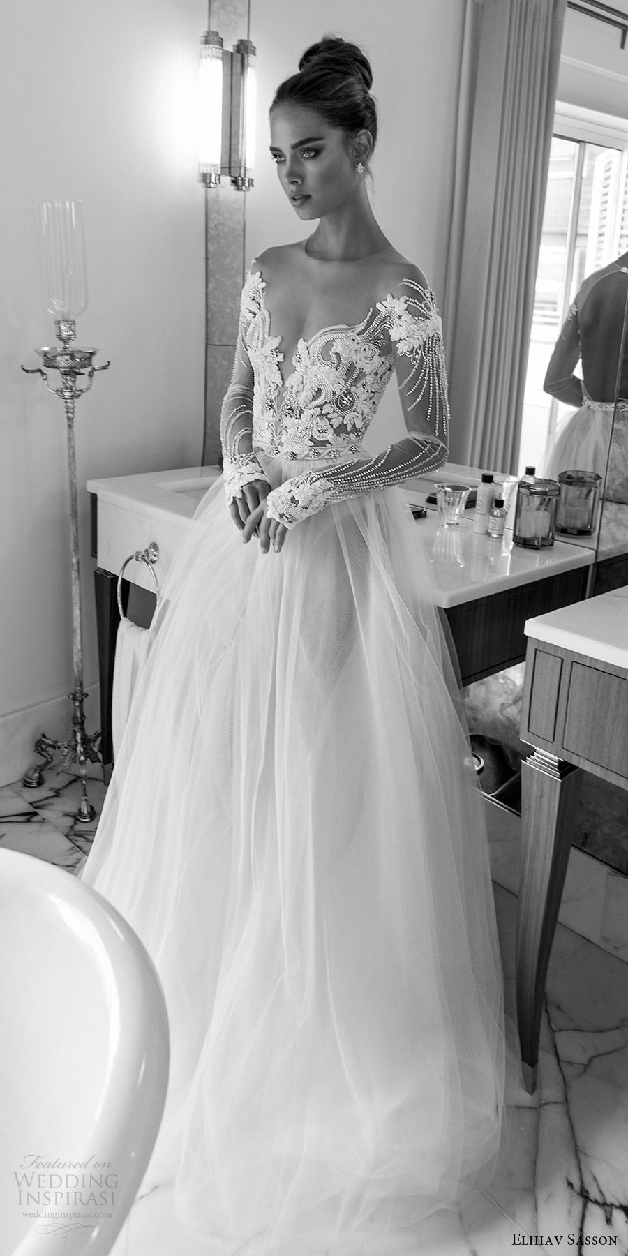 elihav sasson spring 2018 bridal illusion jewel off shoulder neckline sheer long sleeves beaded bodice ball gown wedding dress (vj 004) mv sexy romantic