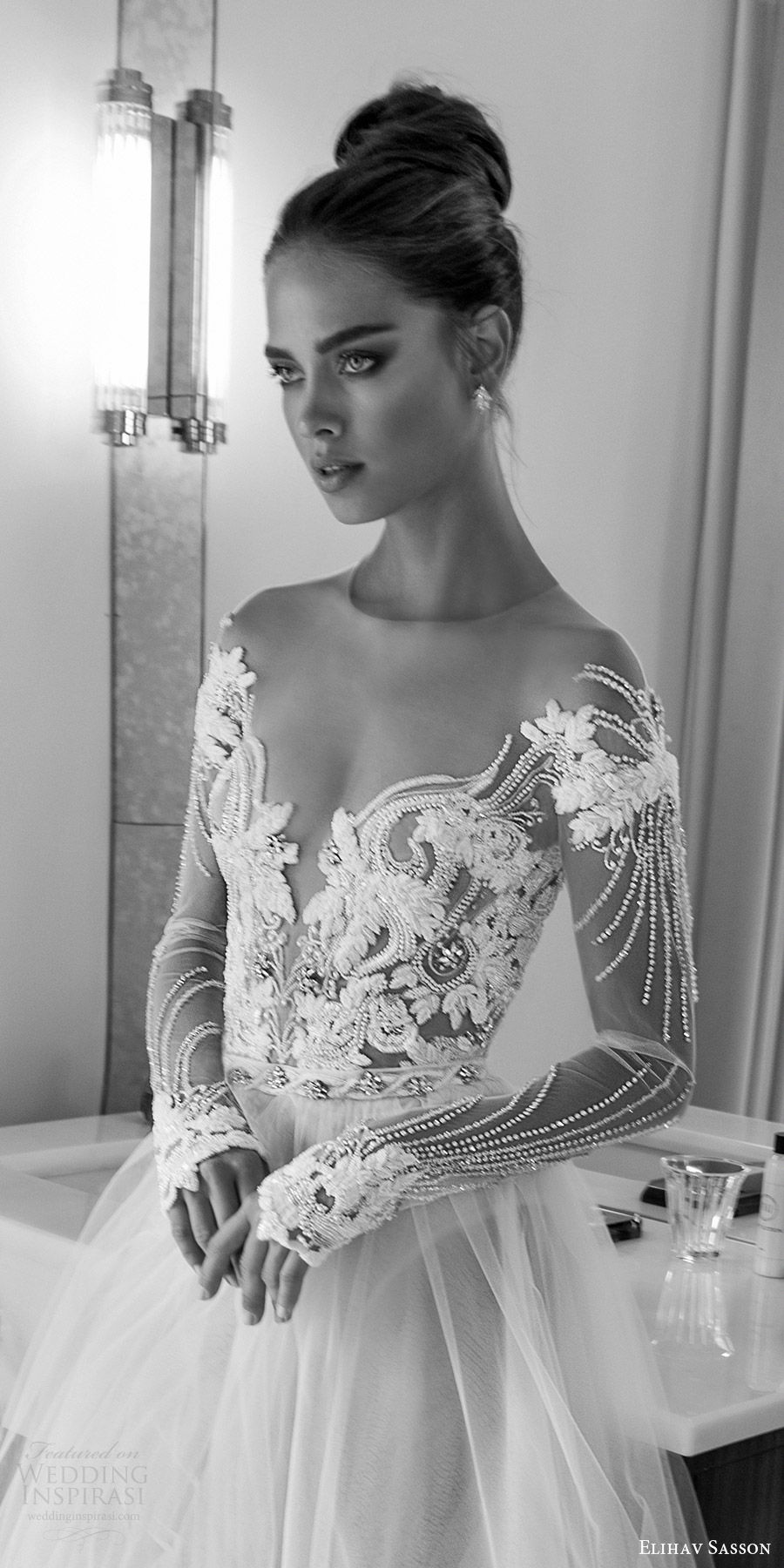 elihav sasson spring 2018 bridal illusion jewel off shoulder neckline sheer long sleeves beaded bodice ball gown wedding dress (vj 004) zfv sexy romantic