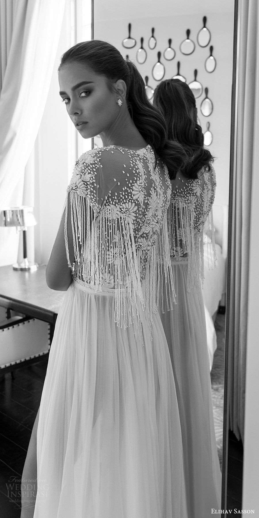 elihav sasson spring 2018 bridal jewel neck cap sleeves fringe beaded bodice a line wedding dress (vj 01) slit skirt bv boho