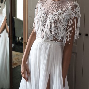 elihav sasson spring 2018 bridal jewel neck cap sleeves fringe beaded bodice a line wedding dress (vj 01) slit skirt mv boho
