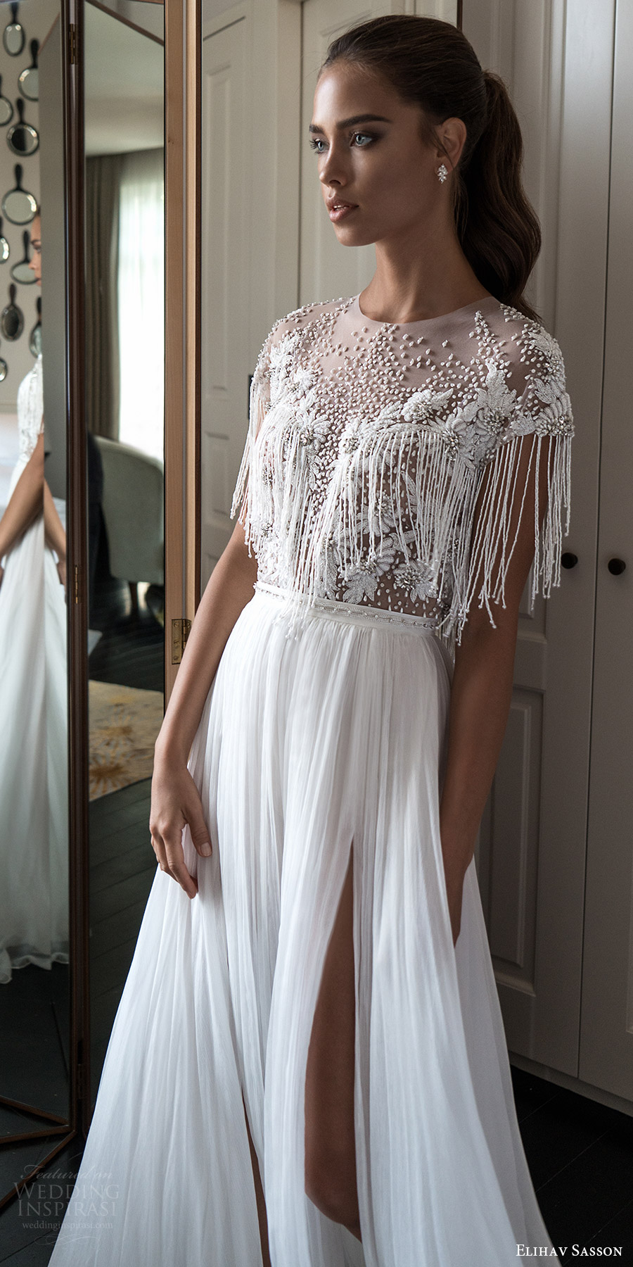 elihav sasson spring 2018 bridal jewel neck cap sleeves fringe beaded bodice a line wedding dress (vj 01) slit skirt mv boho