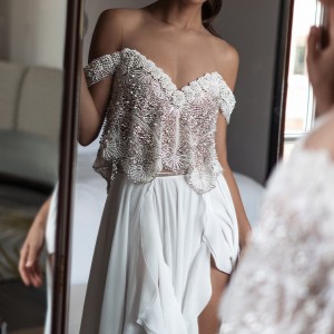 elihav sasson spring 2018 bridal off shoulder sweetheart beaded bodice a line wedding dress (vj 002) fv train slit skirt two piece