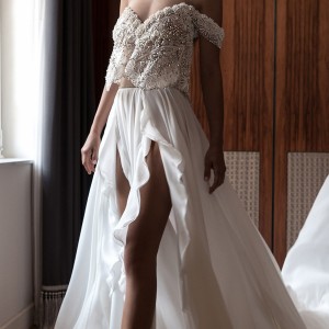elihav sasson spring 2018 bridal off shoulder sweetheart beaded bodice a line wedding dress (vj 002) mv train slit skirt two piece