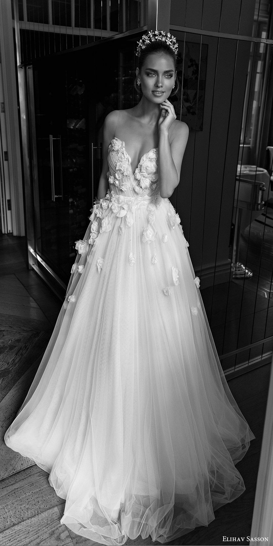 elihav sasson spring 2018 bridal sleeveless illusion jewel sweetheart embellished ruched bodice tulle ball gown wedding dress (vj 007) fv sweep train romantic princess