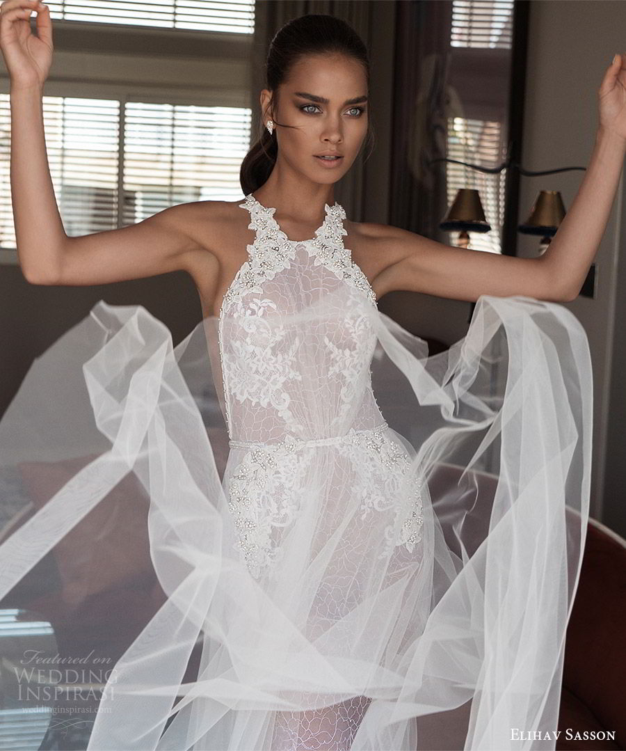 elihav sasson spring 2018 halter embellished ruched bodice lace sheath a line wedding dress (vj 016) fv sheer back glam
