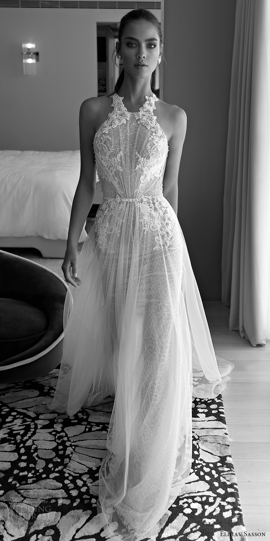 elihav sasson spring 2018 halter embellished ruched bodice lace sheath a line wedding dress (vj 016) mv sheer back glam