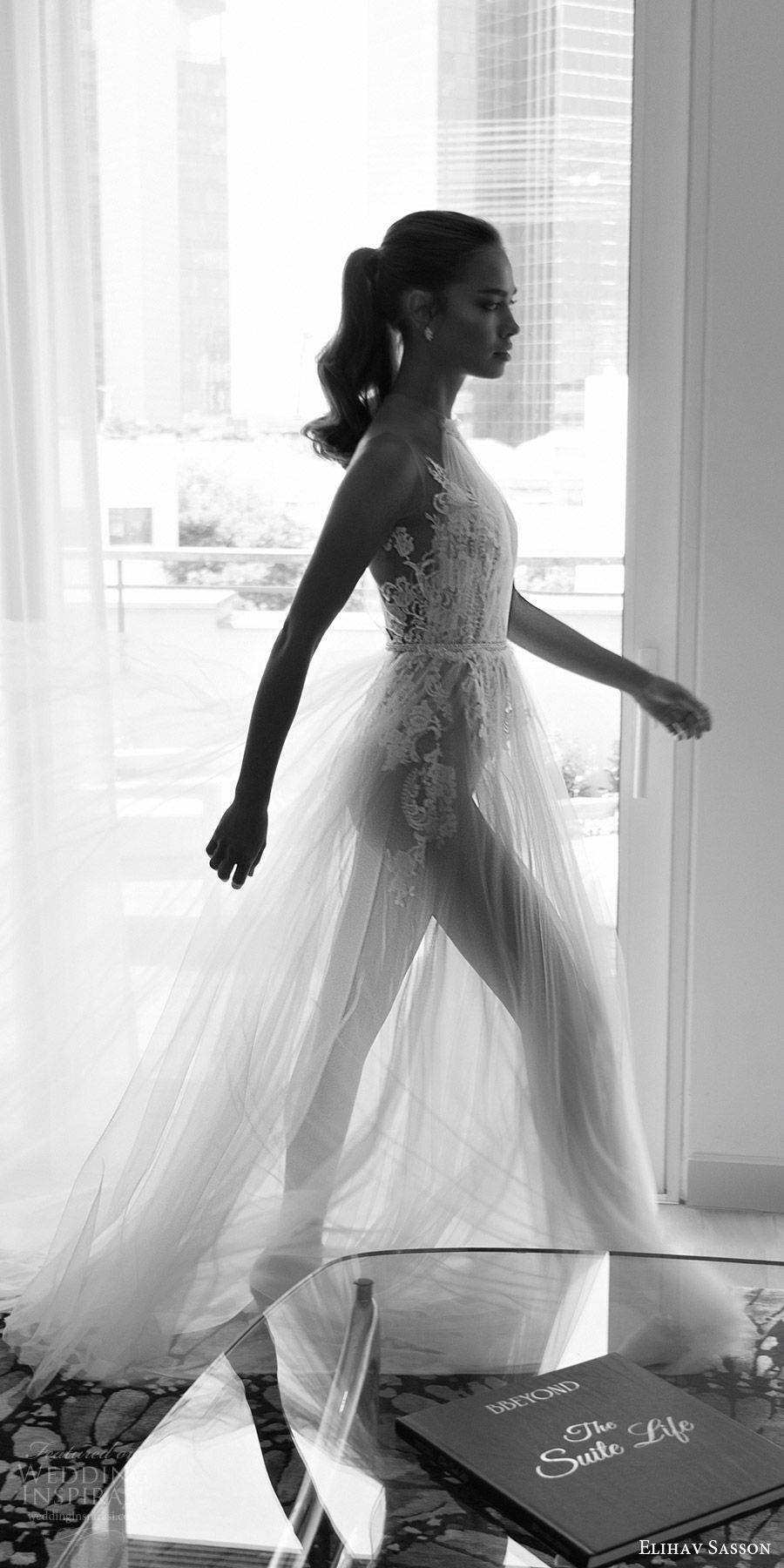 elihav sasson spring 2018 sleeveless ruched illusion high neck lace bodice sheer skirt a line wedding dress (vj 011) sv sexy romantic