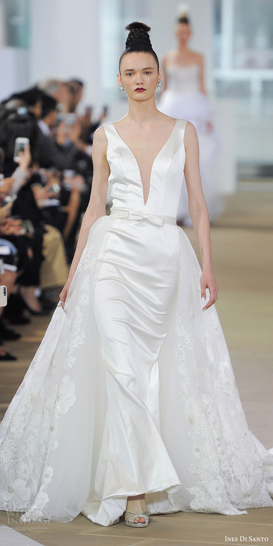 ines di santo spring 2018 bridal sleeveless deep v neck sheath wedding dress (laura) mv bow belt v back lace overskirt cathedral train ines di santo spring 2018 bridal sleeveless deep v neck sheath wedding dress (laura) mv bow belt v back lace overskirt cathedral train