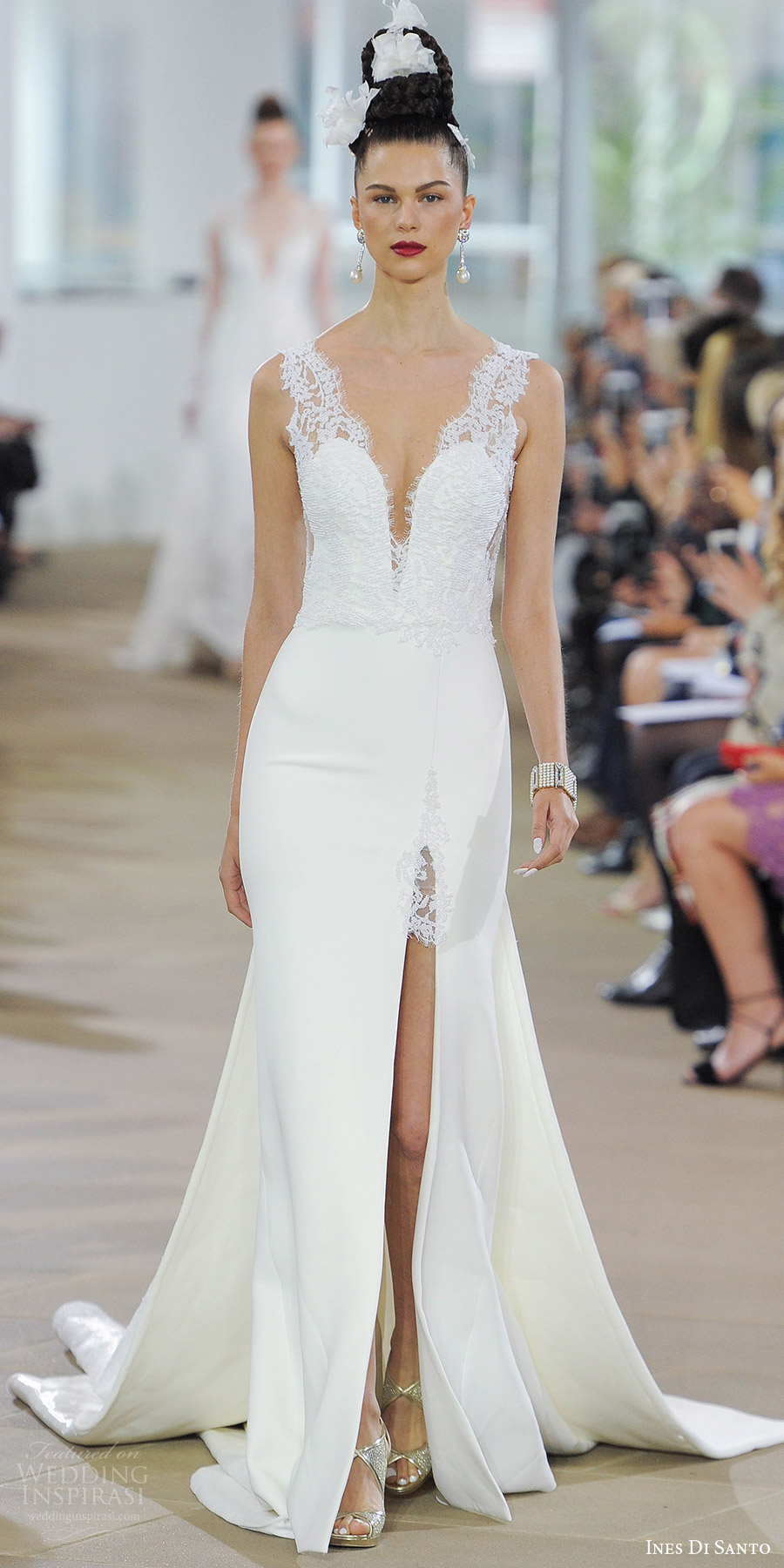 ines di santo spring 2018 bridal sleeveless deep v neck thick lace straps sheath wedding dress (blake) mv slit skirt low sheer back detachable train ines di santo spring 2018 bridal sleeveless deep v neck thick lace straps sheath wedding dress (blake) mv slit skirt low sheer back detachable train