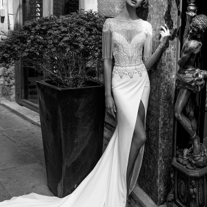 julie vino spring 2018 bridal fringed half sleeves illusion bateau sweetheart neckline heavily embellished bodice front slit elegant sexy sheath wedding dress fringed back chapel train (14) mv