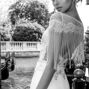 julie vino spring 2018 bridal fringed half sleeves illusion bateau sweetheart neckline heavily embellished bodice front slit elegant sexy sheath wedding dress fringed back chapel train (14) zbv