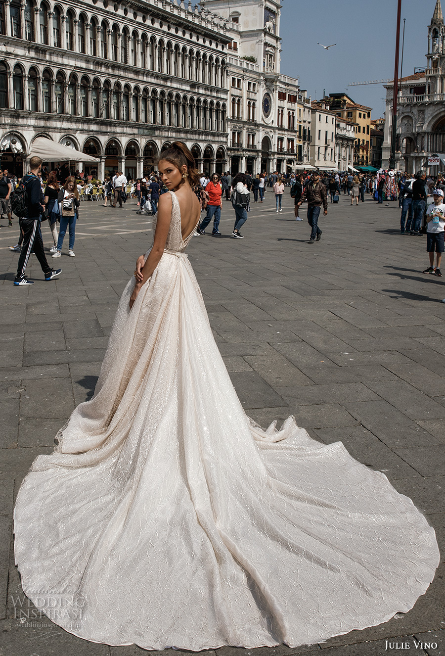 julie vino spring 2018 bridal sleeveless deep plunging v neck full embellishment romantic sexy a  line wedding dress open v back royal train (05) bv