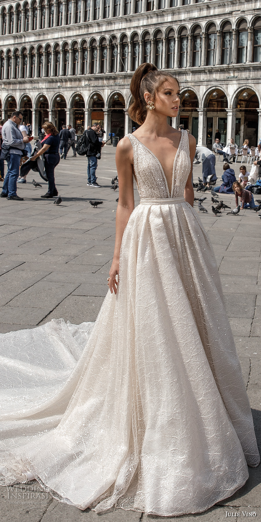 julie vino spring 2018 bridal sleeveless deep plunging v neck full embellishment romantic sexy a  line wedding dress open v back royal train (05) mv