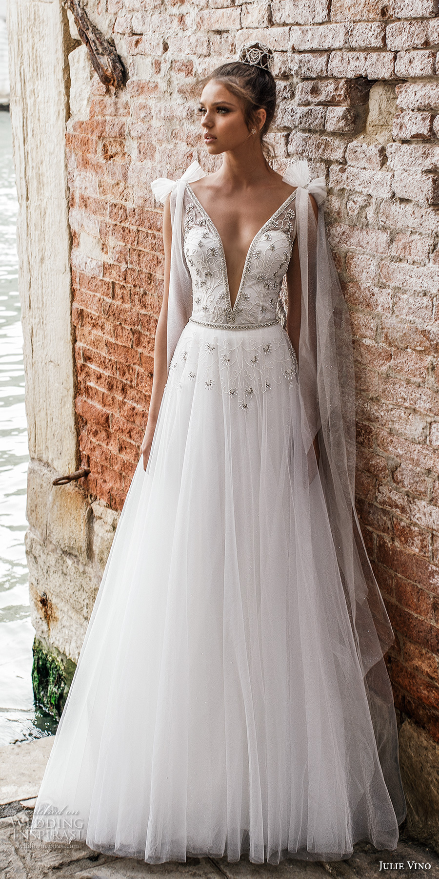 julie vino spring 2018 bridal sleeveless deep plunging v neck heavily embellished bodice romantic a  line wedding dress open v back sweep train (08) mv