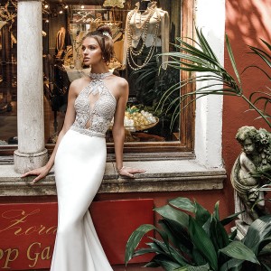 julie vino spring 2018 bridal sleeveless halter neck heavily embellished bodice elegant chic fit and flare sheath wedding dress rasor back chapel train (11) mv