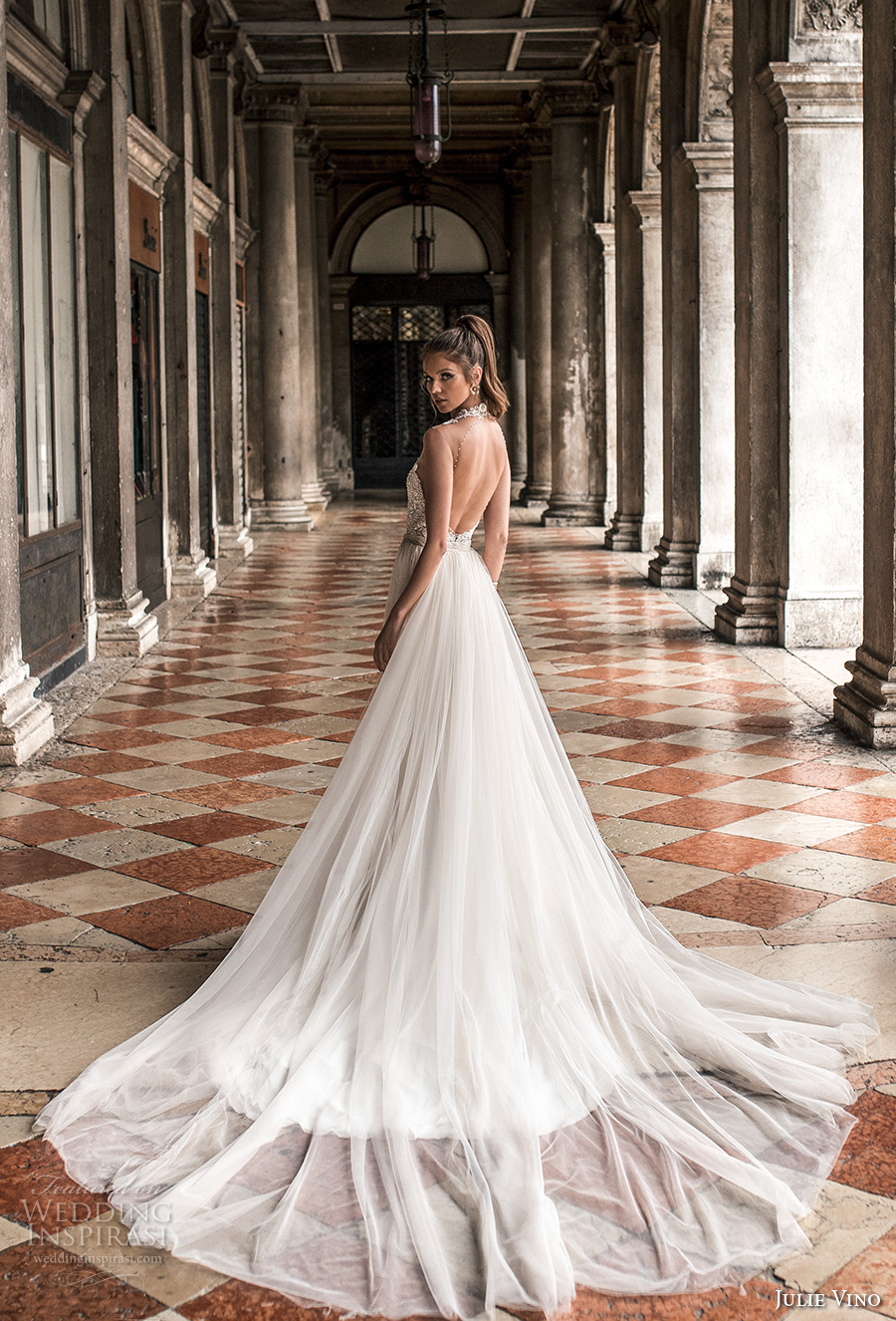 julie vino spring 2018 bridal sleeveless halter sweetheart neckline heavily embellished bodice elegant glamorous fit and flare wedding dress a line overskirt open scoop back chapel train (15) bv julie vino spring 2018 bridal sleeveless halter sweetheart neckline heavily embellished bodice elegant glamorous fit and flare wedding dress a line overskirt open scoop back chapel train (15) bv