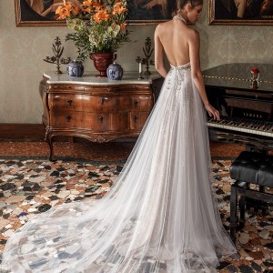julie vino spring 2018 bridal sleeveless illusion halter neck sweetheart neckline romantic modified a  line wedding dress open back chapel train (09) bv