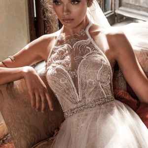julie vino spring 2018 bridal sleeveless illusion halter neck sweetheart neckline romantic modified a  line wedding dress open back chapel train (09) zv