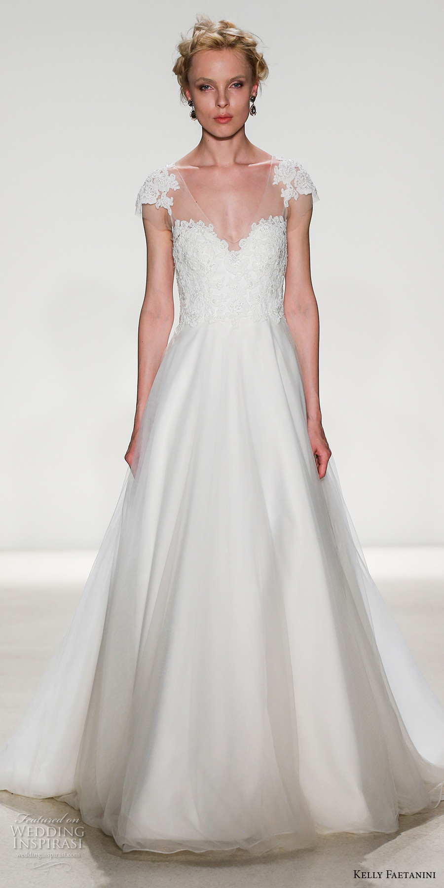 kelly faetanini spring 2018 bridal cap sleeves illusion v sweetheart neckline heavily embellished bodice romantic a  line wedding dress sheer mid button back chapel train (regan) mv